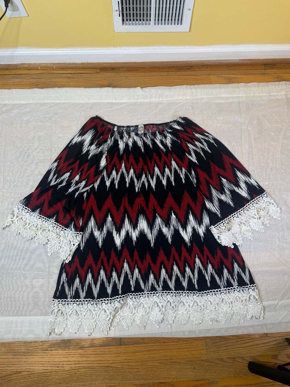 2B Together Black Red White Ikat Print Off The Shoulder Top with Lace Trim